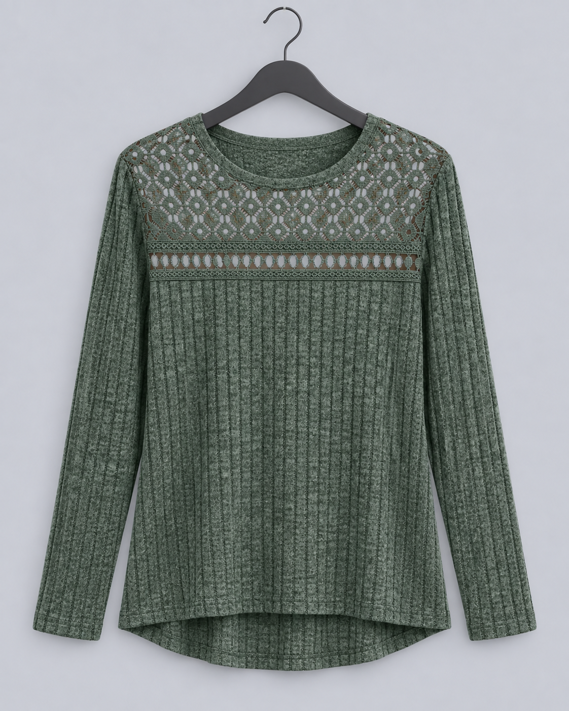 Women's Fitted Lace Ribbed Top | Crew Neck Long Sleeve Blouse