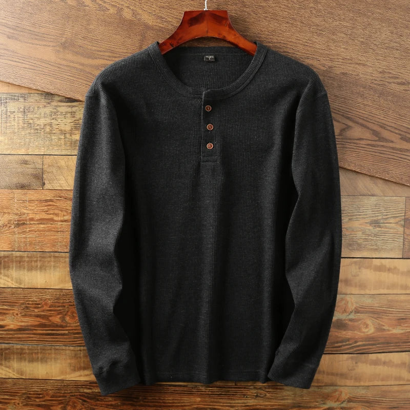 Men's Waffle Knit Henley – Cotton, Long Sleeve, Relaxed Fit