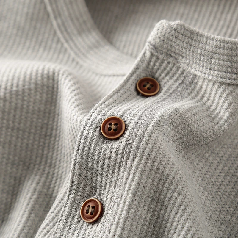 Men's Waffle Knit Henley – Cotton, Long Sleeve, Relaxed Fit