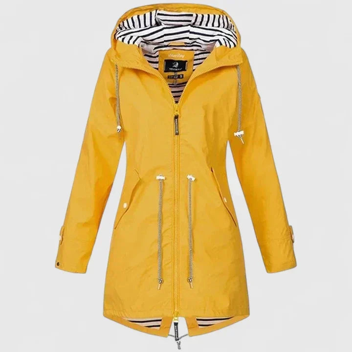 Women's Hooded Rain Jacket – Drawstring Waist, Striped Lining, Zip Front