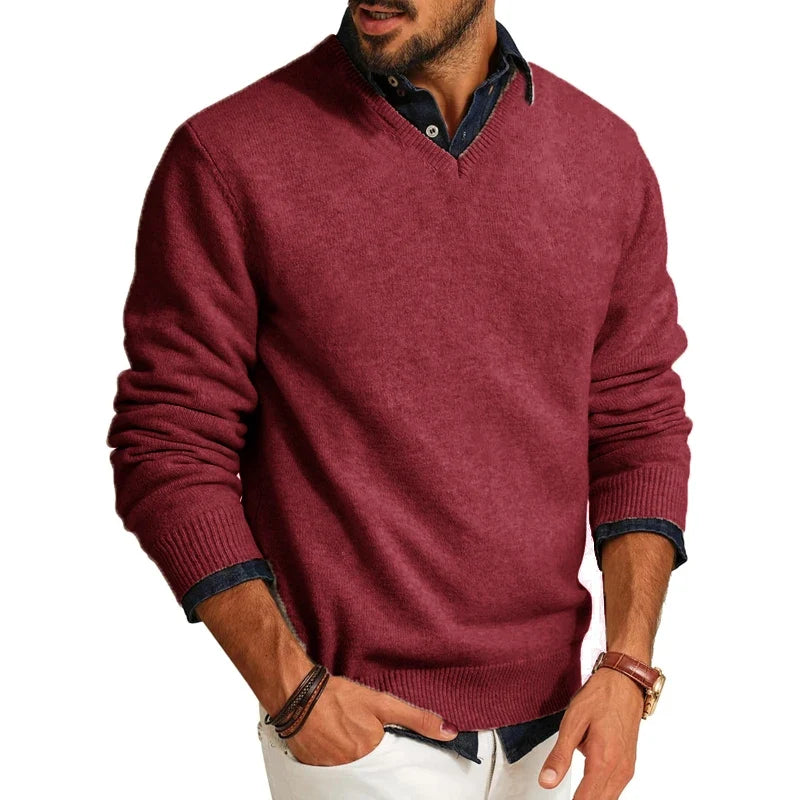 Men's V-Neck Wool Blend Jumper – Lightweight Knit, Slim Fit