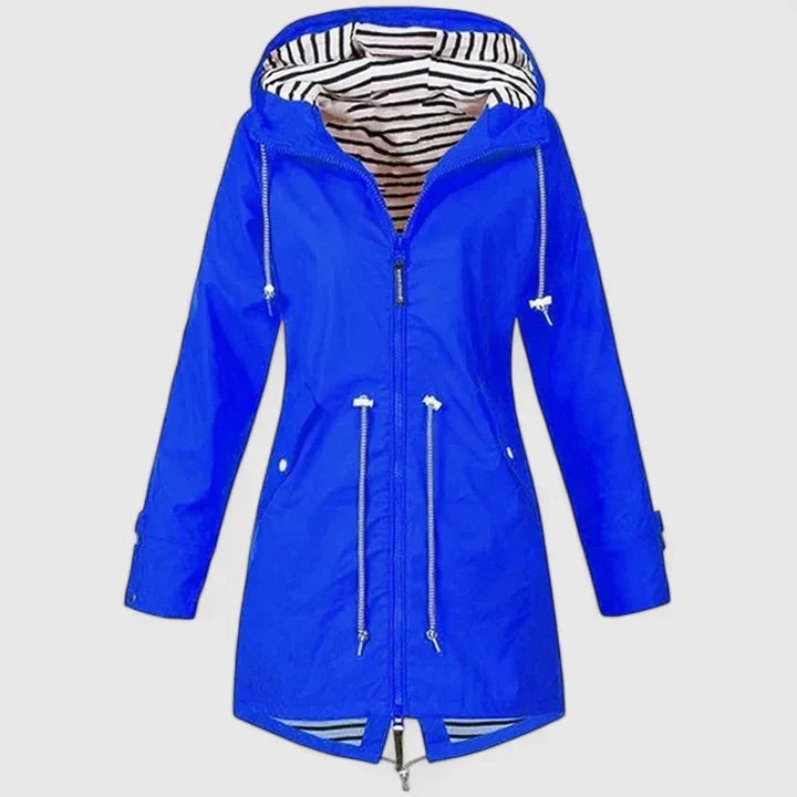 Women's Hooded Rain Jacket – Drawstring Waist, Striped Lining, Zip Front