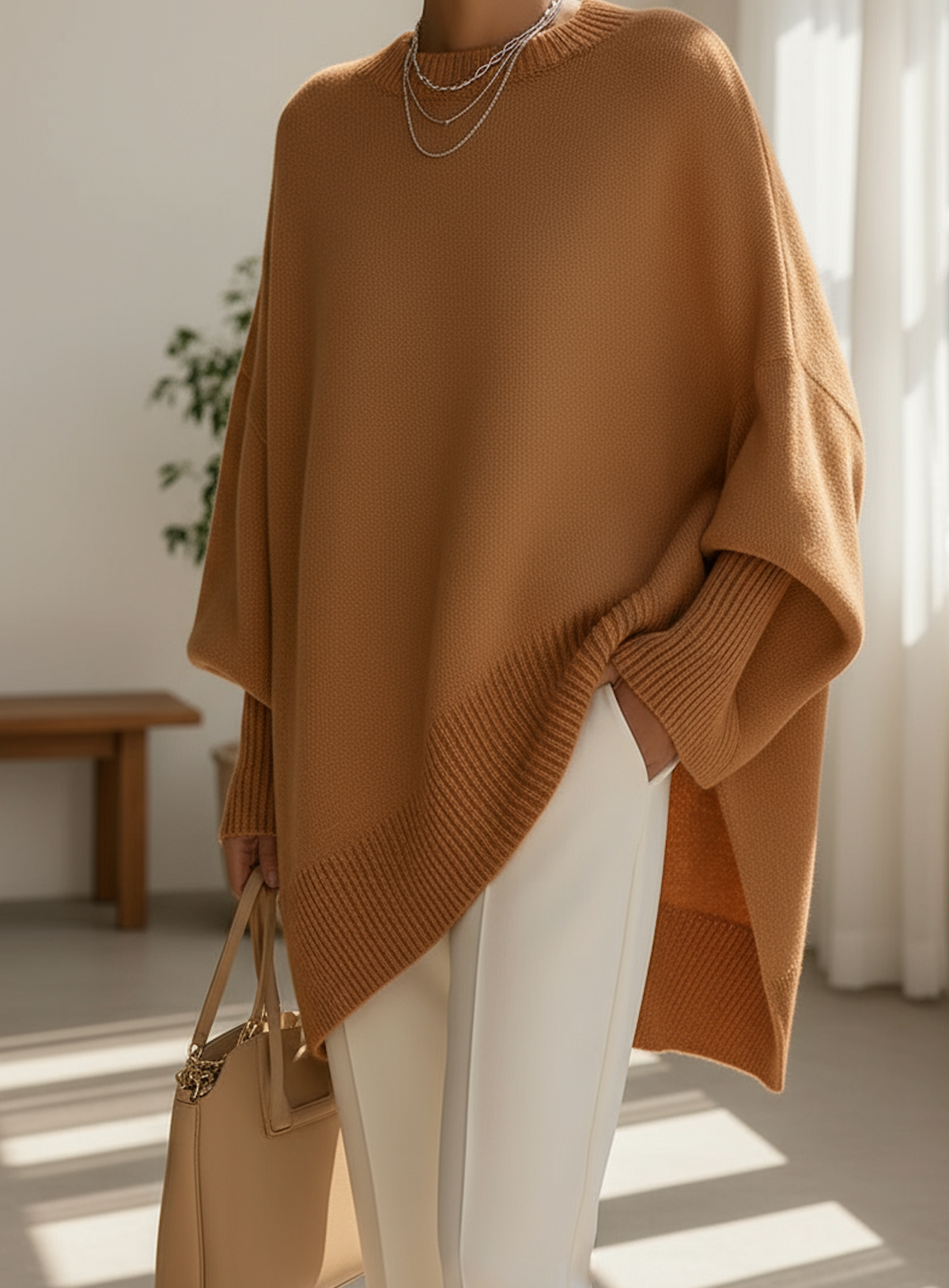 Women's Wool Cashmere Blend Jumper – Oversized, Longline Hem