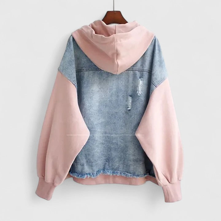 Women's Oversized Denim Hoodie Jacket – Zip Front, Distressed Finish