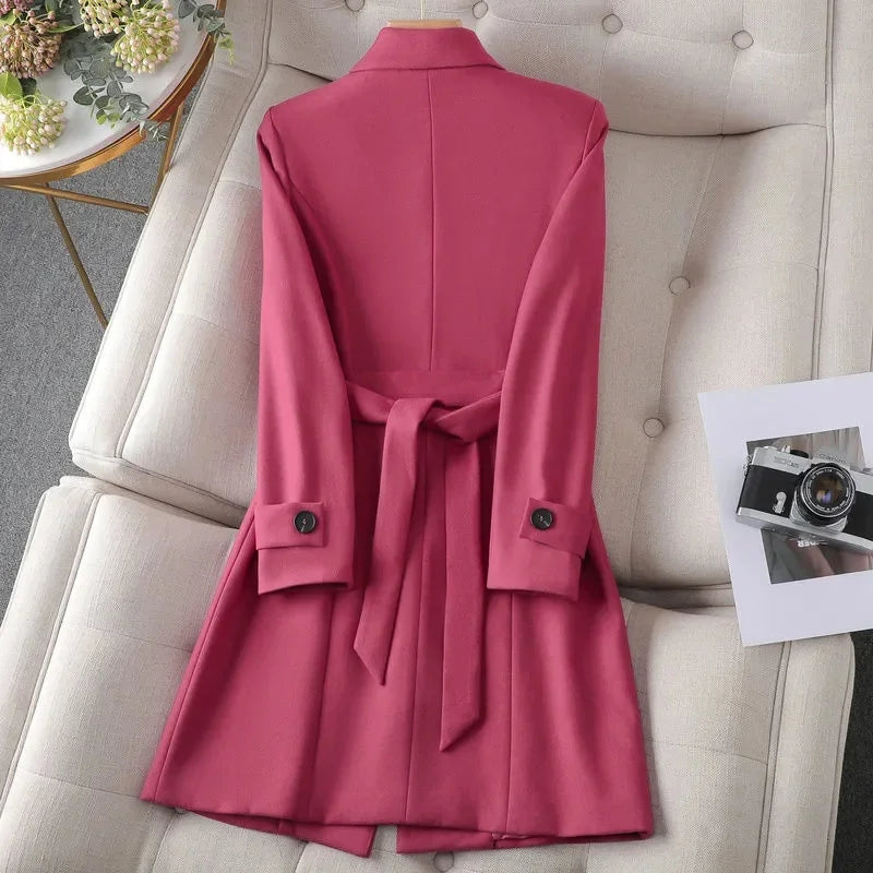 Women's Belted Blazer Coat – Longline, Stand Collar