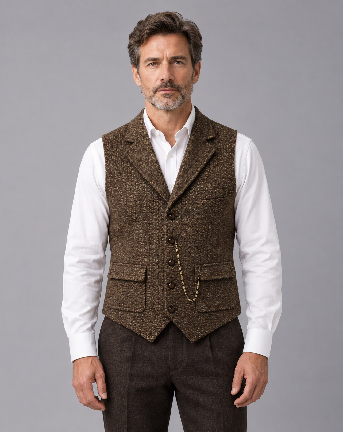 Men's Herringbone Waistcoat with Lapels – Five-Button Front, Flap Pockets and Pocket Chain