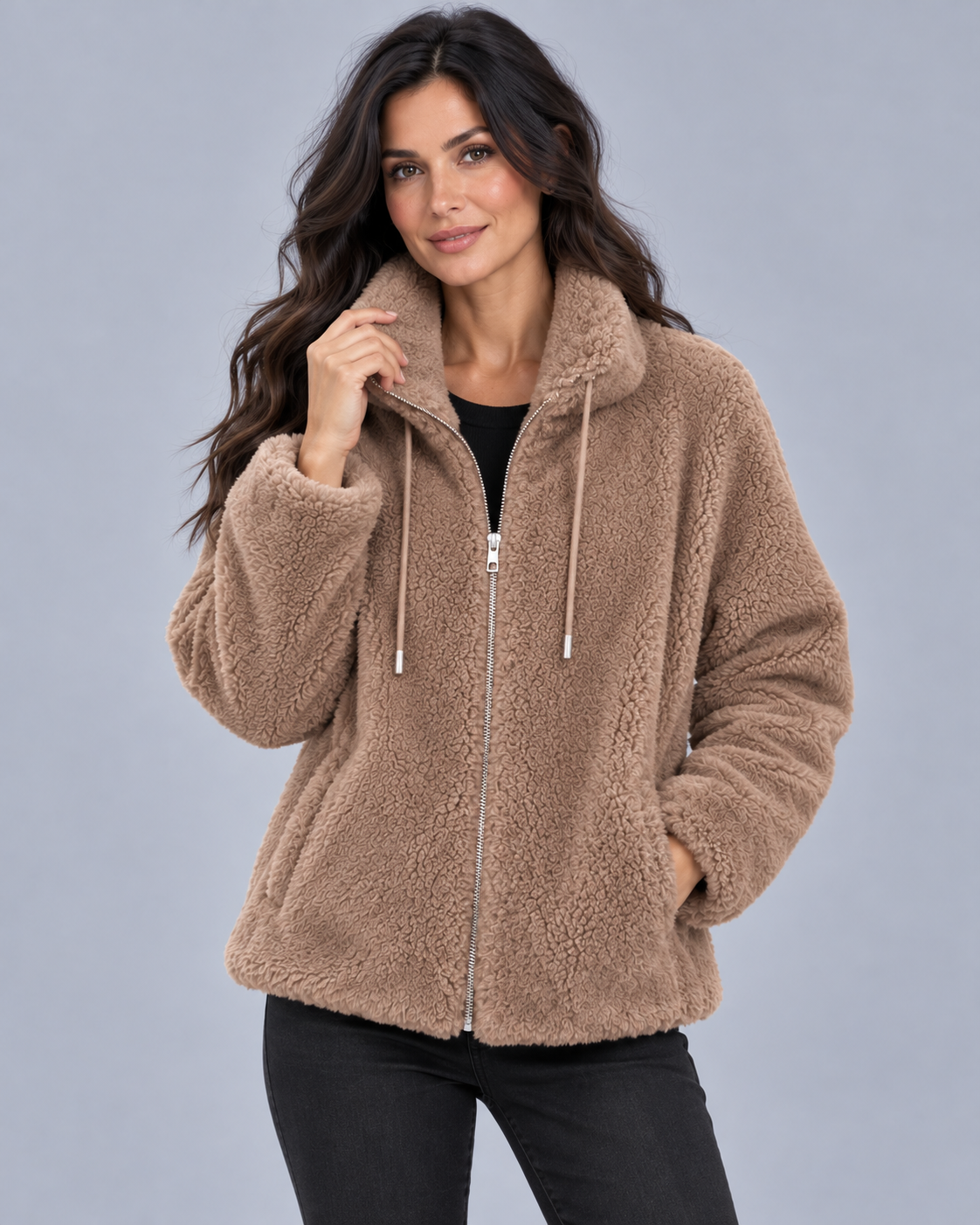 Women's Fleece Jacket Full Zip – Plush Coral Fleece, High Stand Collar, Relaxed Fit