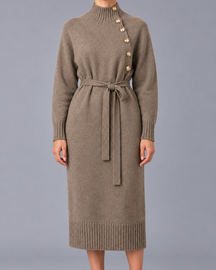 Women's Turtleneck Jumper Dress – Button Neck, Tie Waist