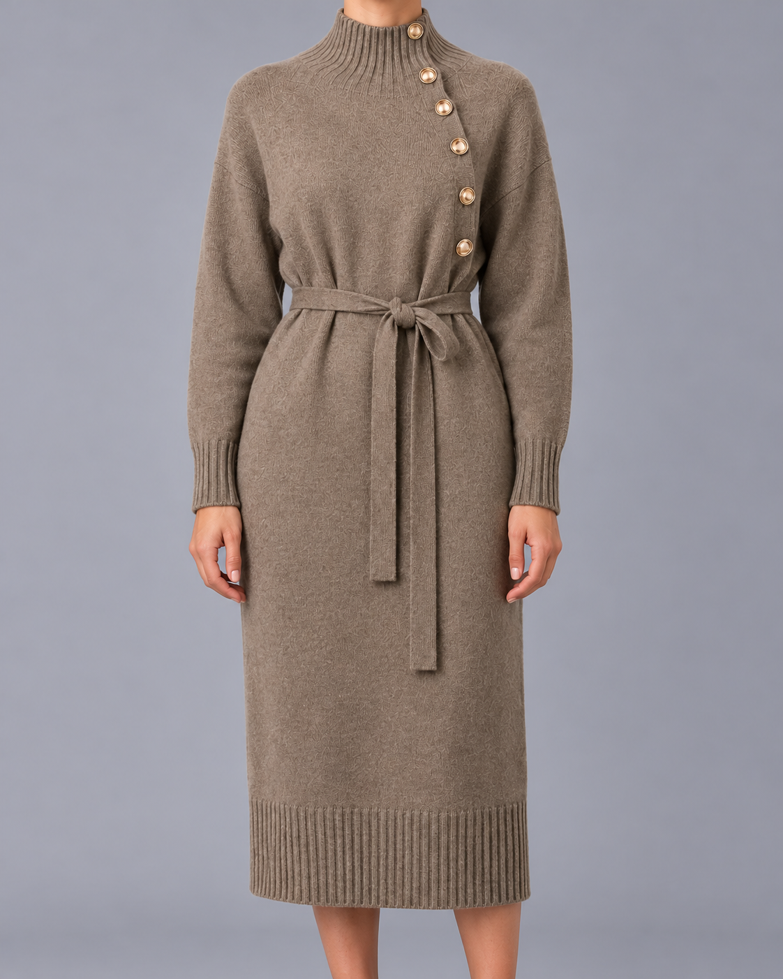 Women's Turtleneck Jumper Dress – Button Neck, Tie Waist