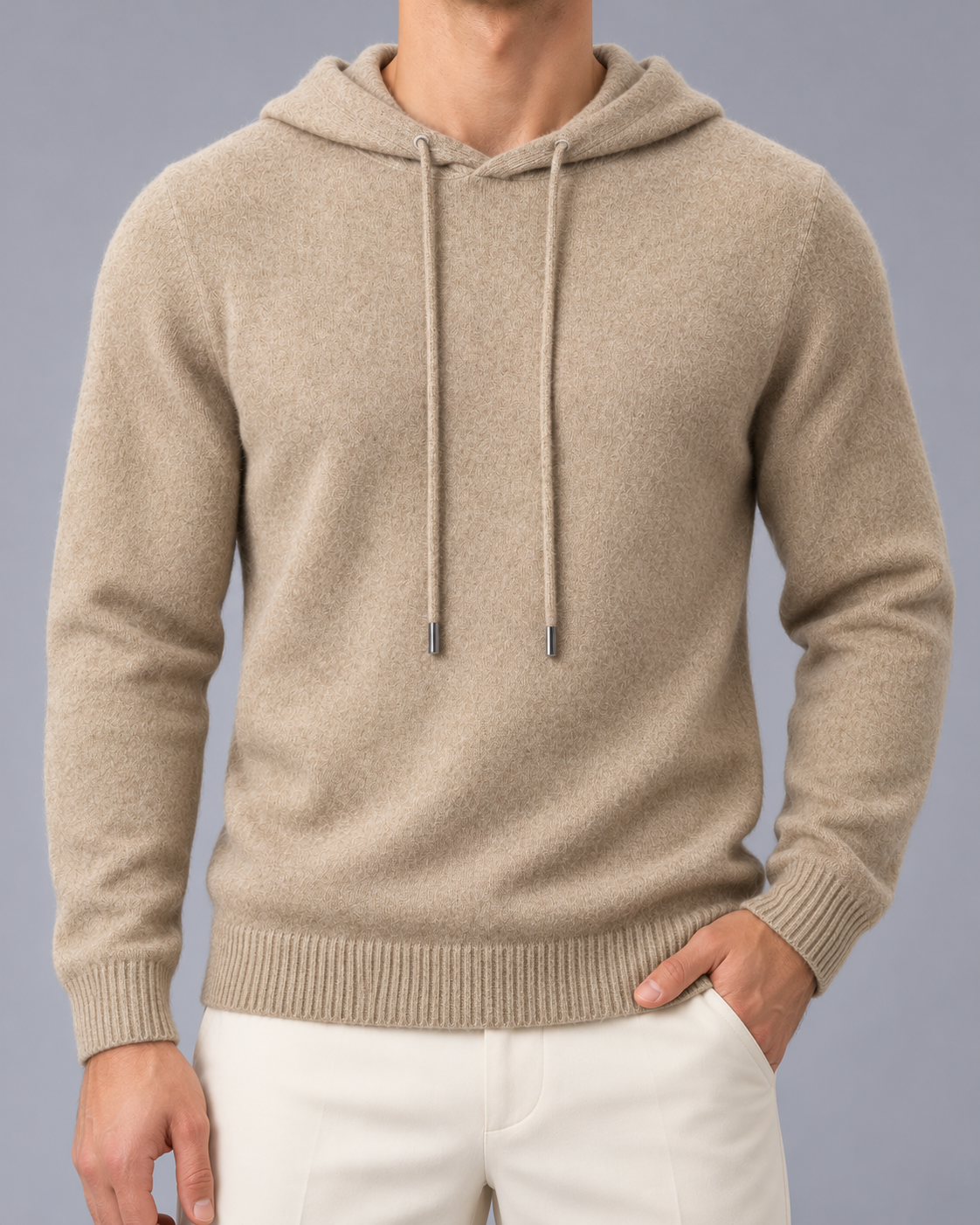 Men's Wool Knit Hoodie – Drawstring Hood, Regular Fit