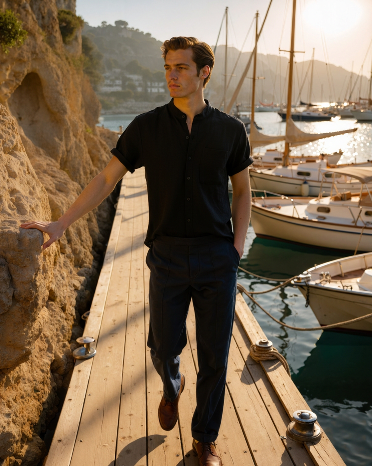 Men's Mandarin Collar Shirt – Short Sleeve, Chest Pocket