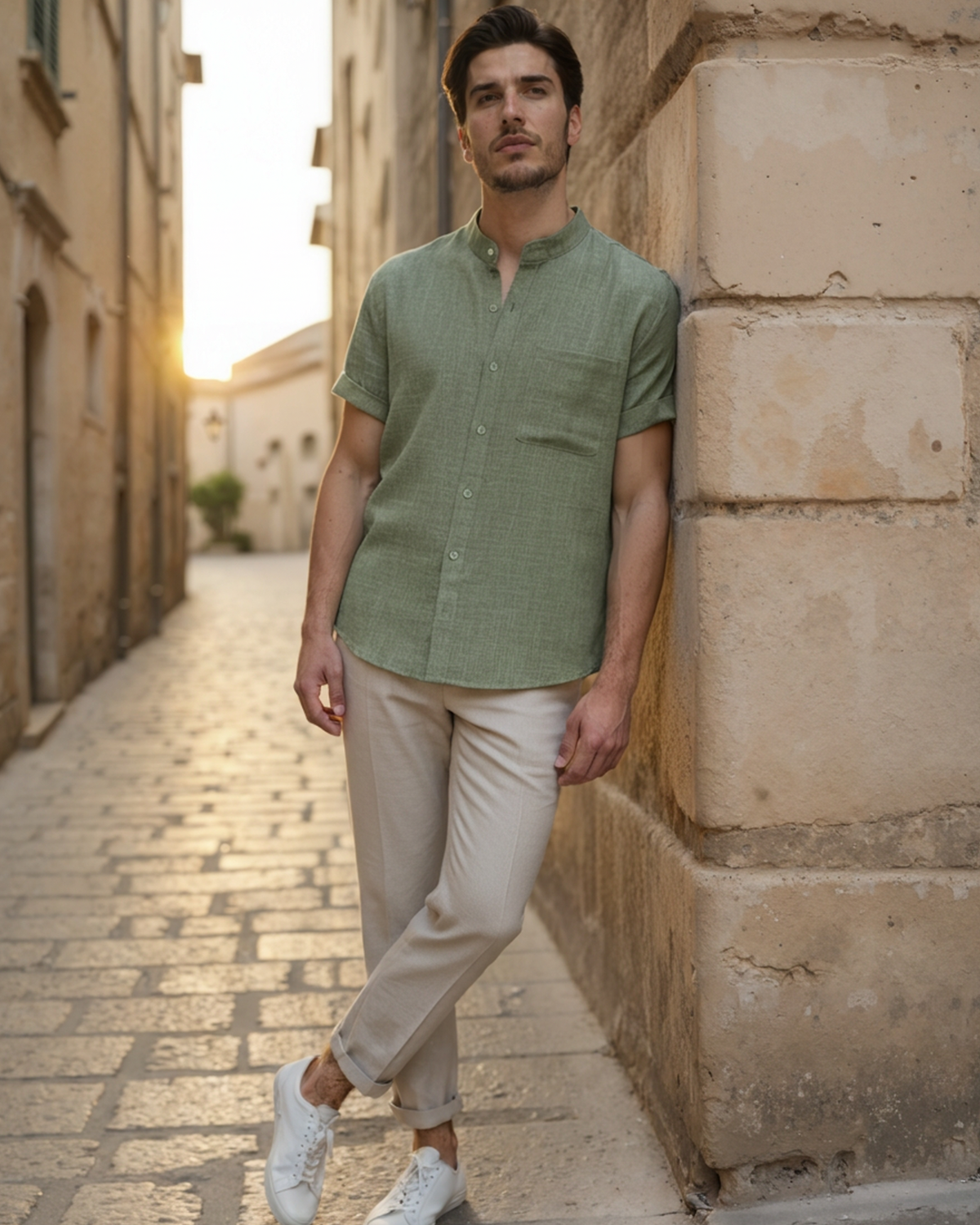 Men's Mandarin Collar Shirt – Short Sleeve, Chest Pocket
