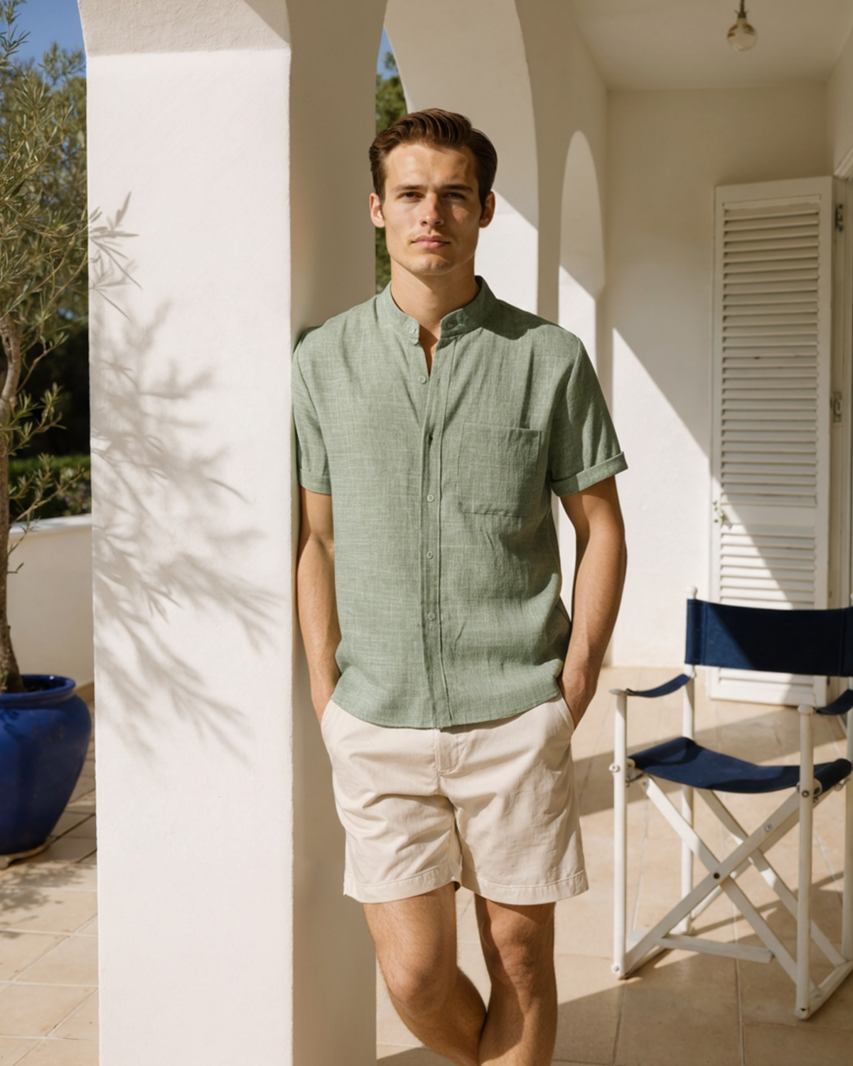Men's Mandarin Collar Shirt – Short Sleeve, Chest Pocket