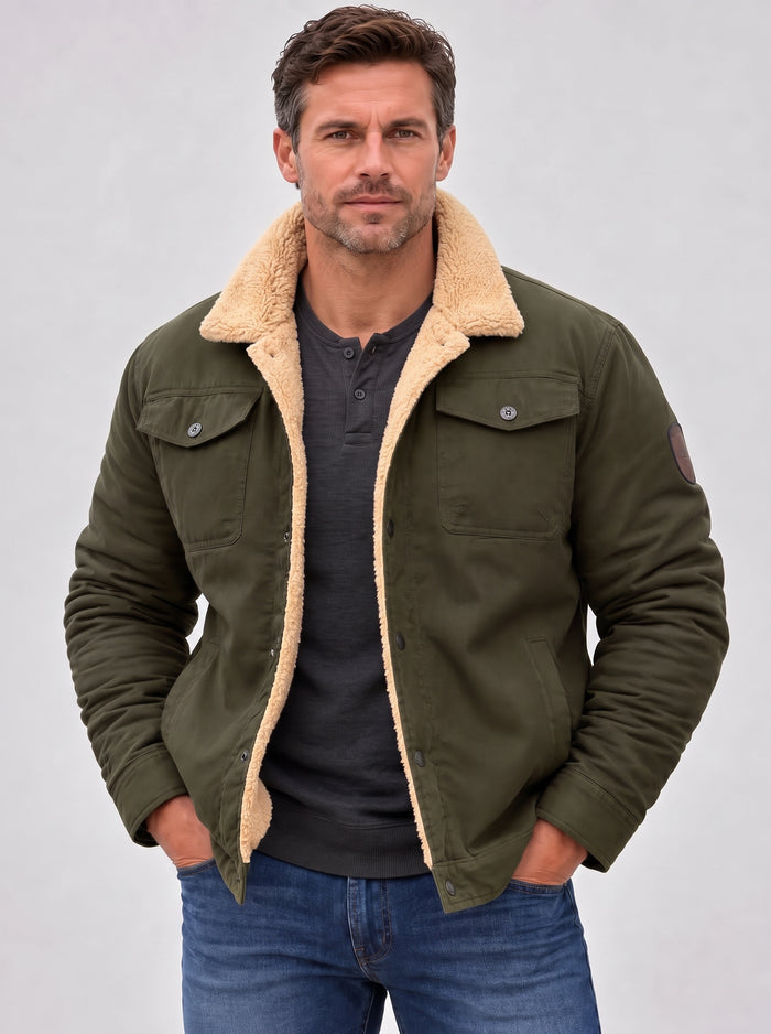 Men's Sherpa Lined Jacket – Button Front Workwear Style, Regular Fit