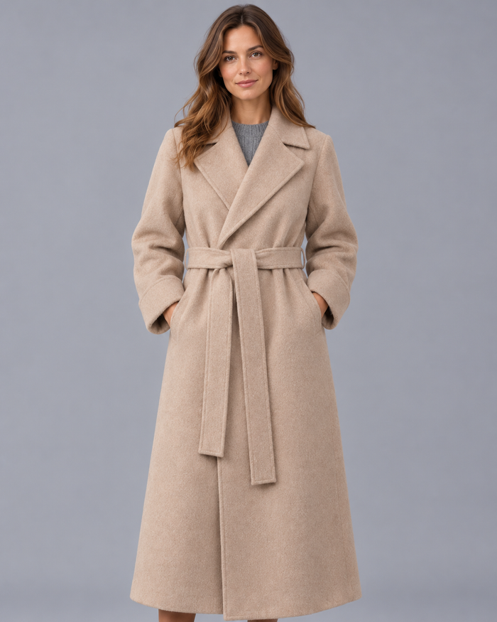Women's Belted Wrap Coat – Longline Winter Coat, Lapel Collar