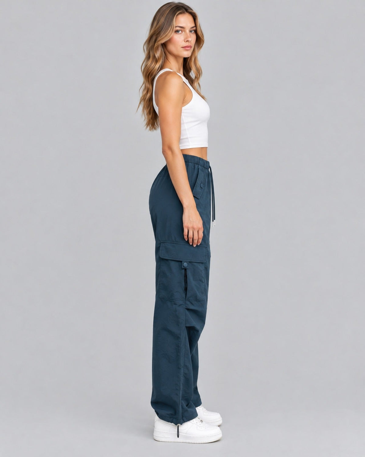 Women's Cargo Trousers in Cotton – Parachute Style, Elasticated Drawstring Waist, Toggle Hems, Relaxed Fit