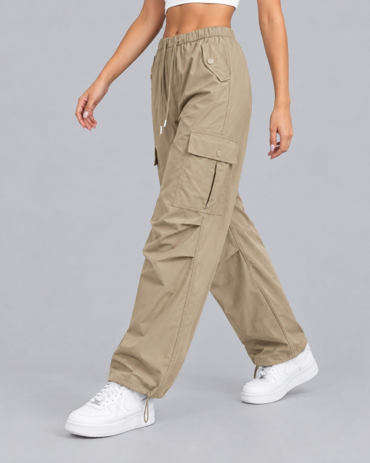 Women's Cargo Trousers in Cotton – Parachute Style, Elasticated Drawstring Waist, Toggle Hems, Relaxed Fit