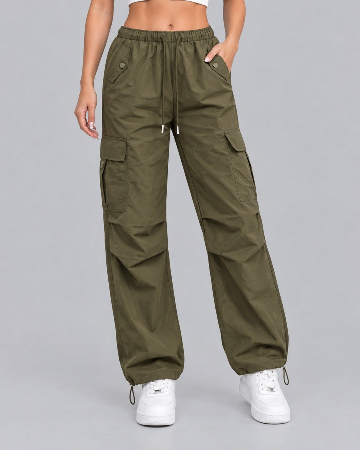 Women's Cargo Trousers in Cotton – Parachute Style, Elasticated Drawstring Waist, Toggle Hems, Relaxed Fit