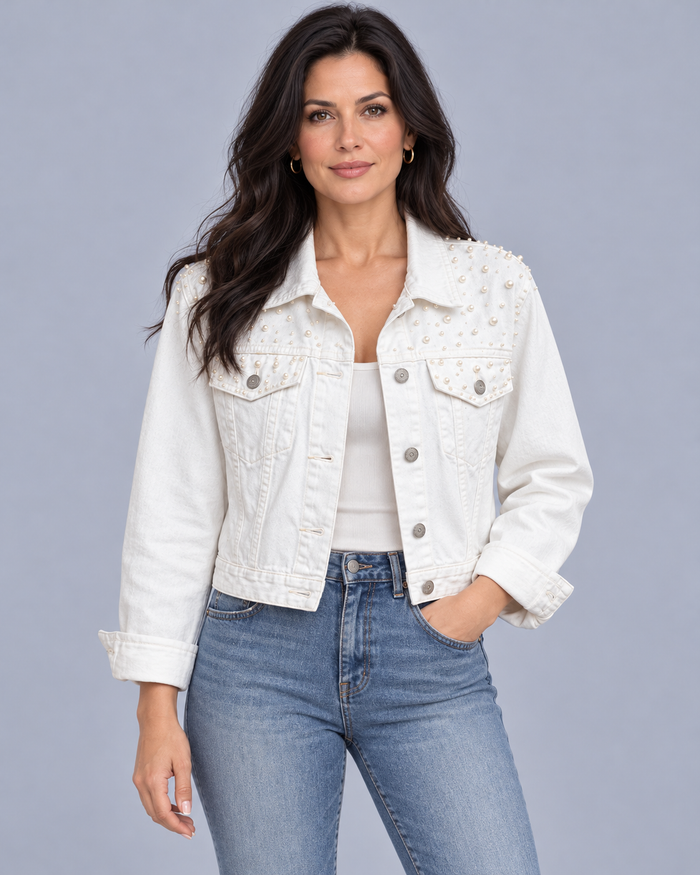Women's Pearl Embellished Denim Jacket – Cropped, Two Flap Chest Pockets, Relaxed Fit
