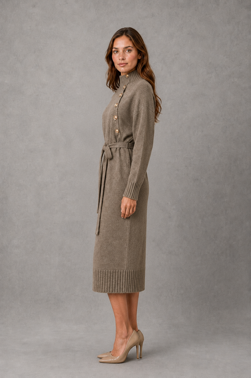 Women's Turtleneck Jumper Dress – Button Neck, Tie Waist