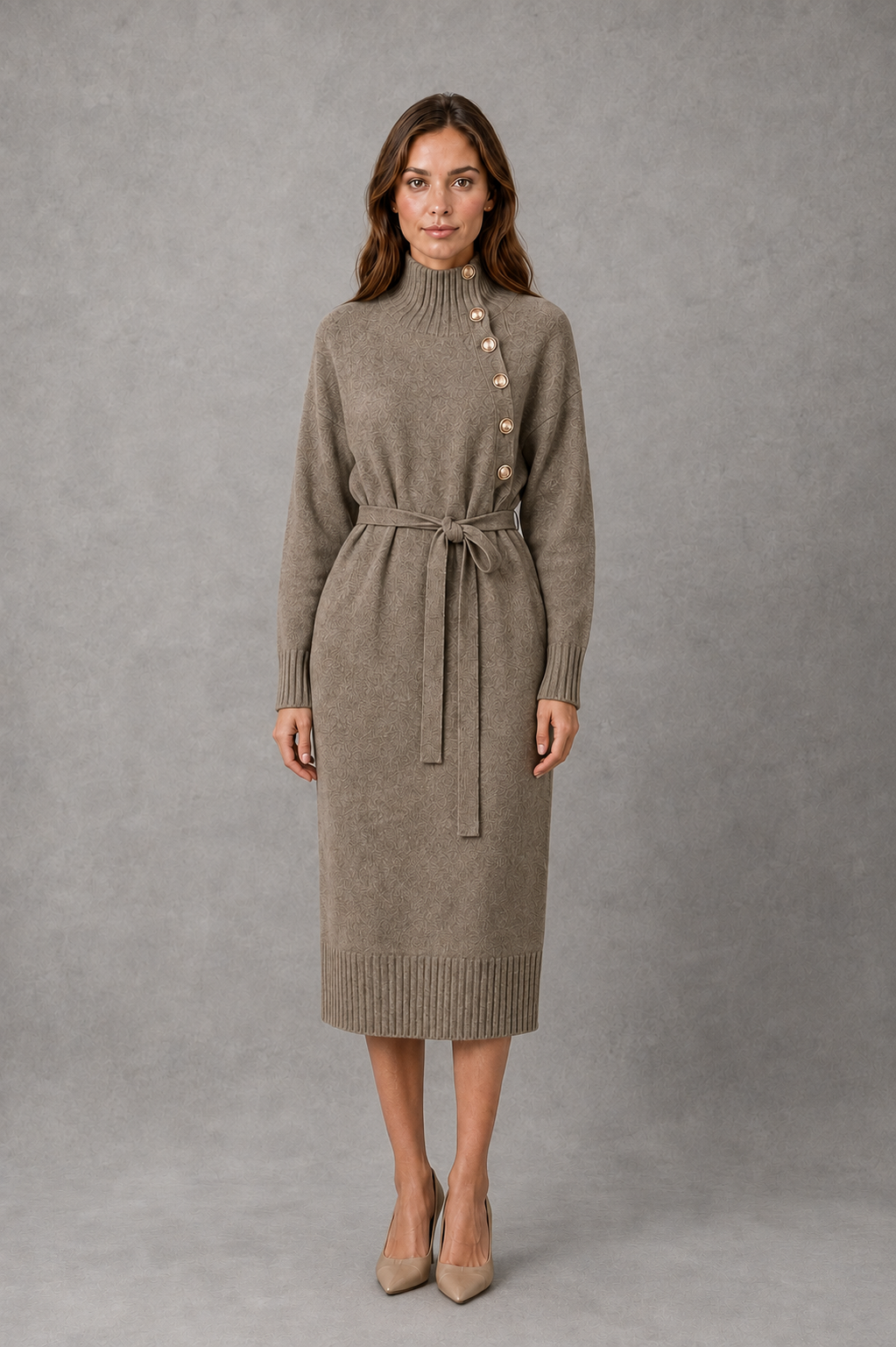 Women's Turtleneck Jumper Dress – Button Neck, Tie Waist