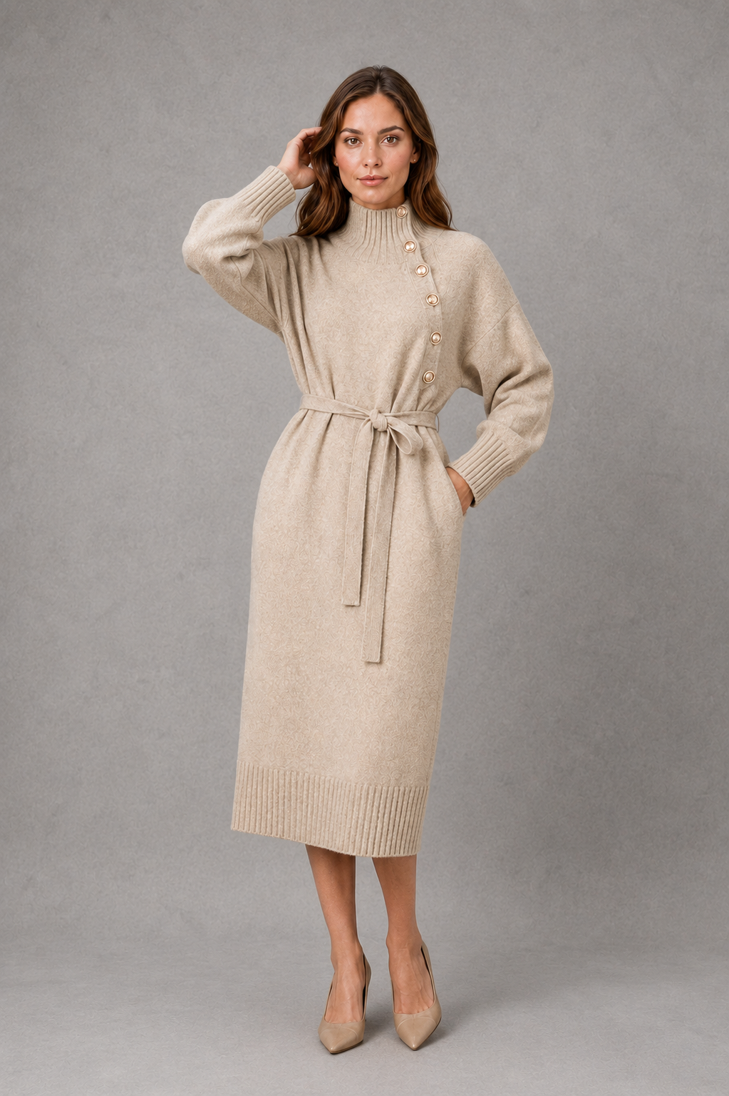 Women's Turtleneck Jumper Dress – Button Neck, Tie Waist