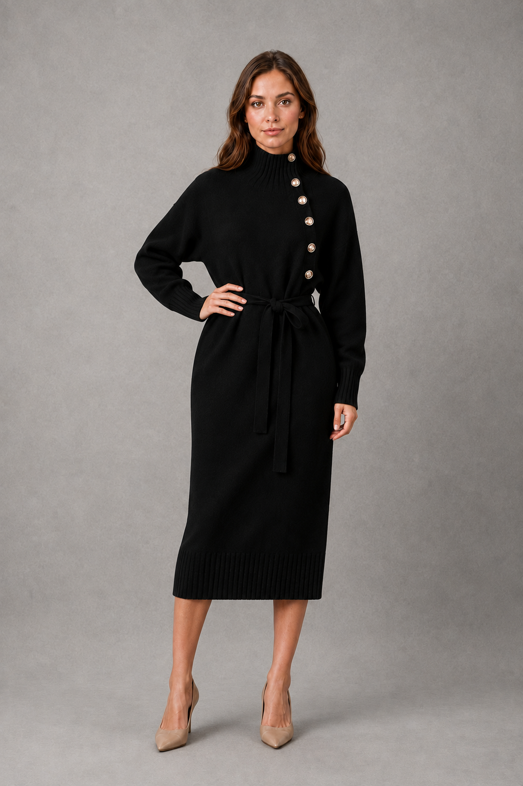 Women's Turtleneck Jumper Dress – Button Neck, Tie Waist