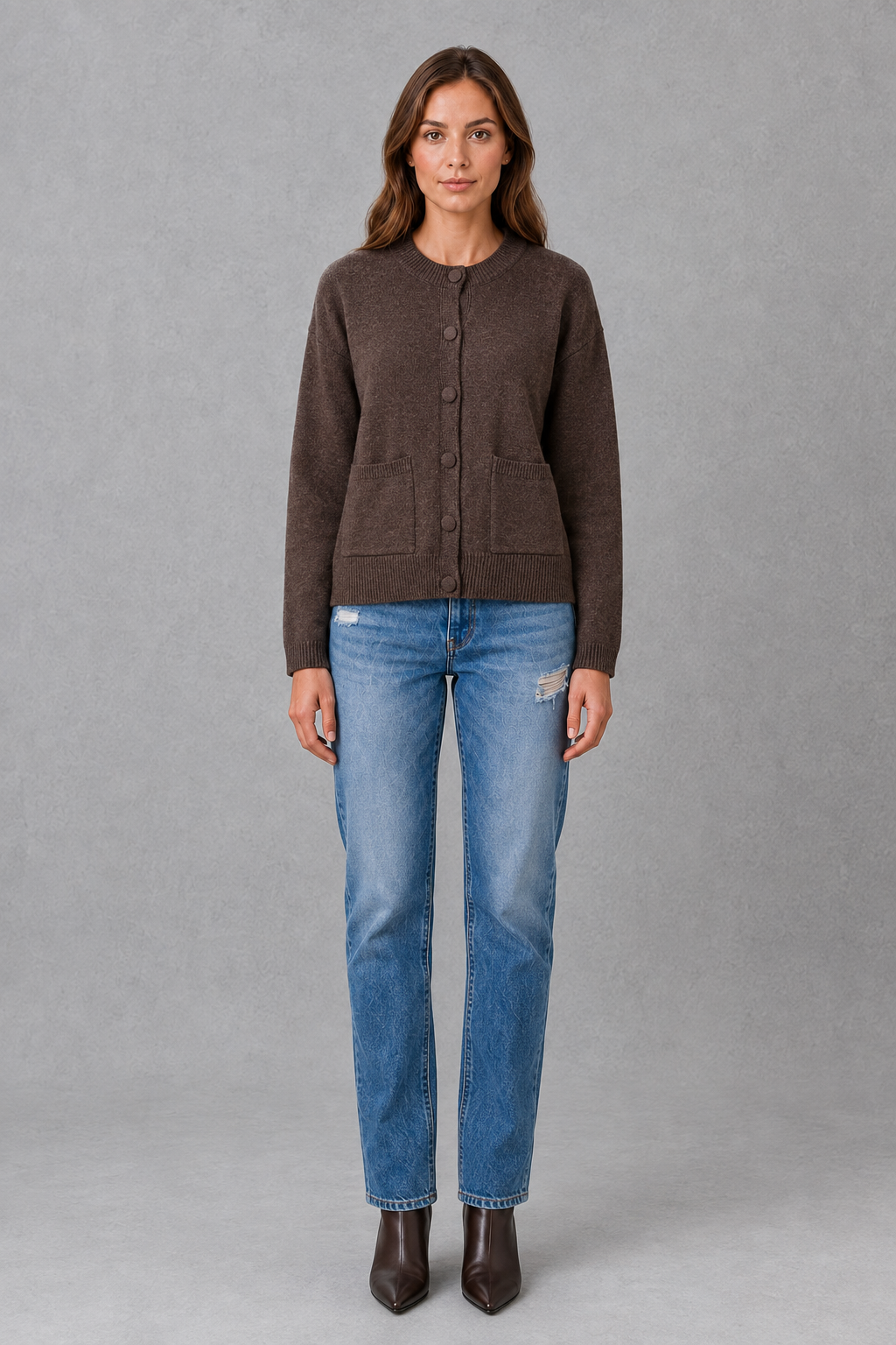 Women's Chunky Knit Cardigan – Round Neck, Relaxed Fit