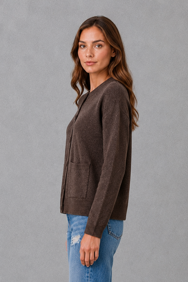 Women's Chunky Knit Cardigan – Round Neck, Relaxed Fit