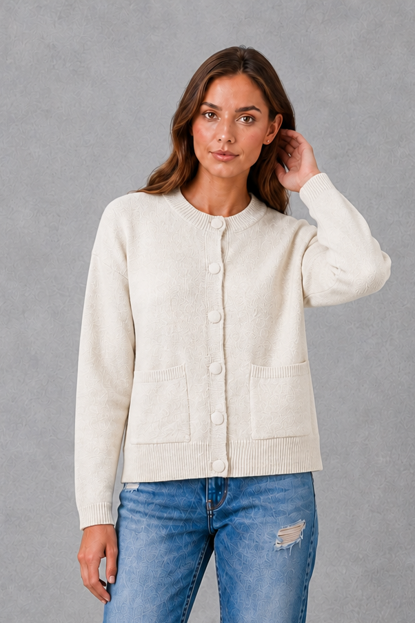 Women's Chunky Knit Cardigan – Round Neck, Relaxed Fit