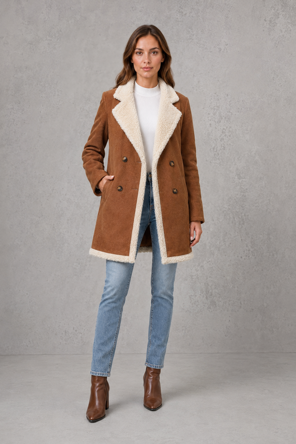 Women's Double Breasted Suede-Look Coat – Shearling-Style Lining
