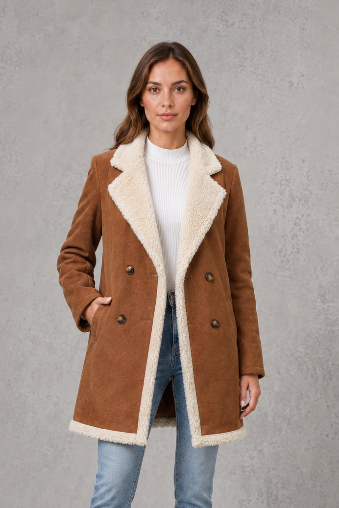 Women's Double Breasted Suede-Look Coat – Shearling-Style Lining