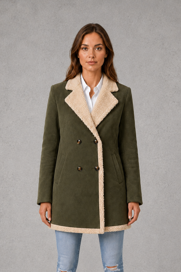 Women's Double Breasted Suede-Look Coat – Shearling-Style Lining