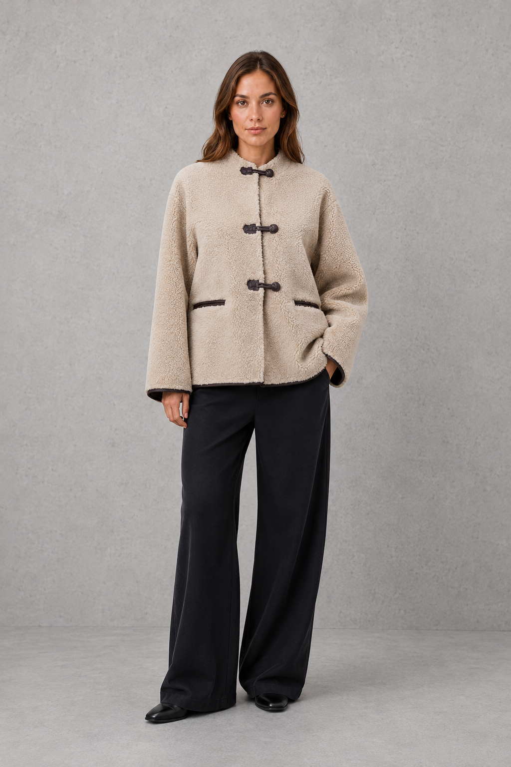 Women's Faux Fur Toggle Jacket – Oversized Fit, Contrast Trim