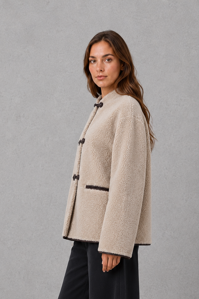Women's Faux Fur Toggle Jacket – Oversized Fit, Contrast Trim
