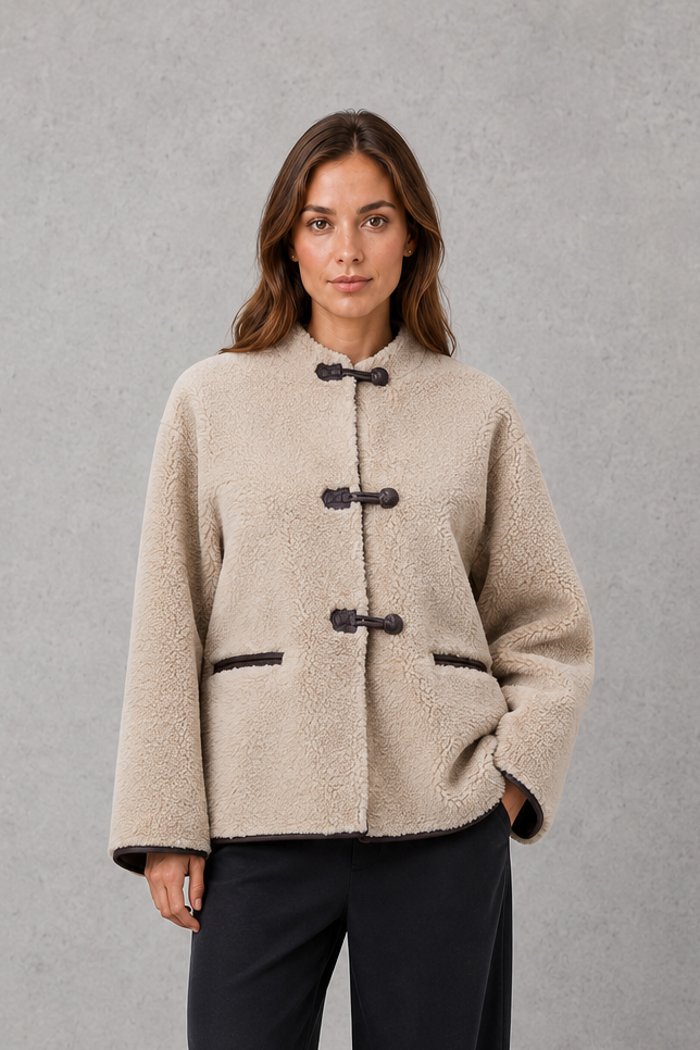 Women's Faux Fur Toggle Jacket – Oversized Fit, Contrast Trim