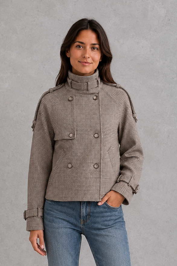 Women's Houndstooth Coat – High Neck, Button Front