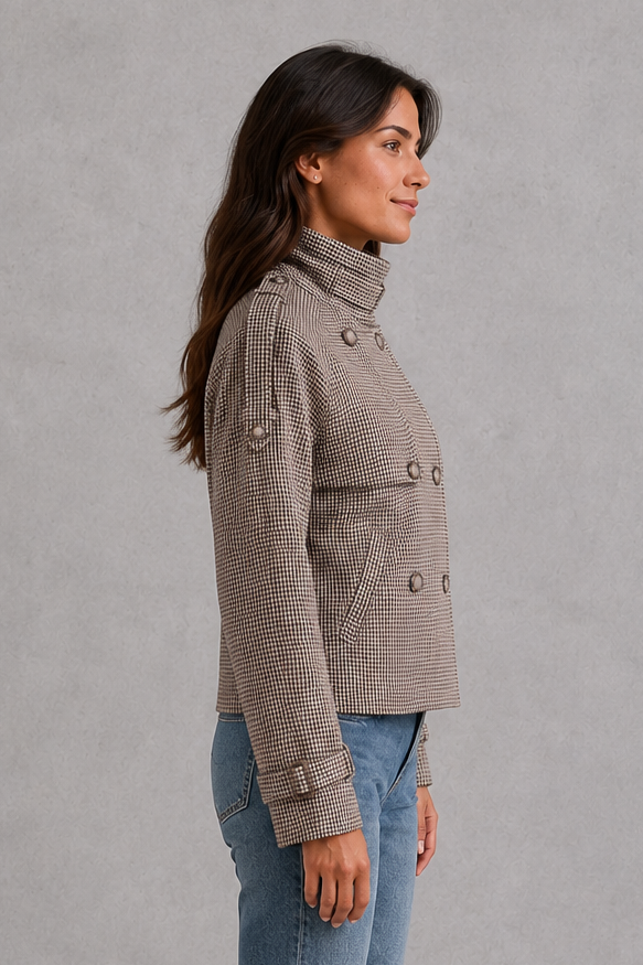 Women's Houndstooth Coat – High Neck, Button Front