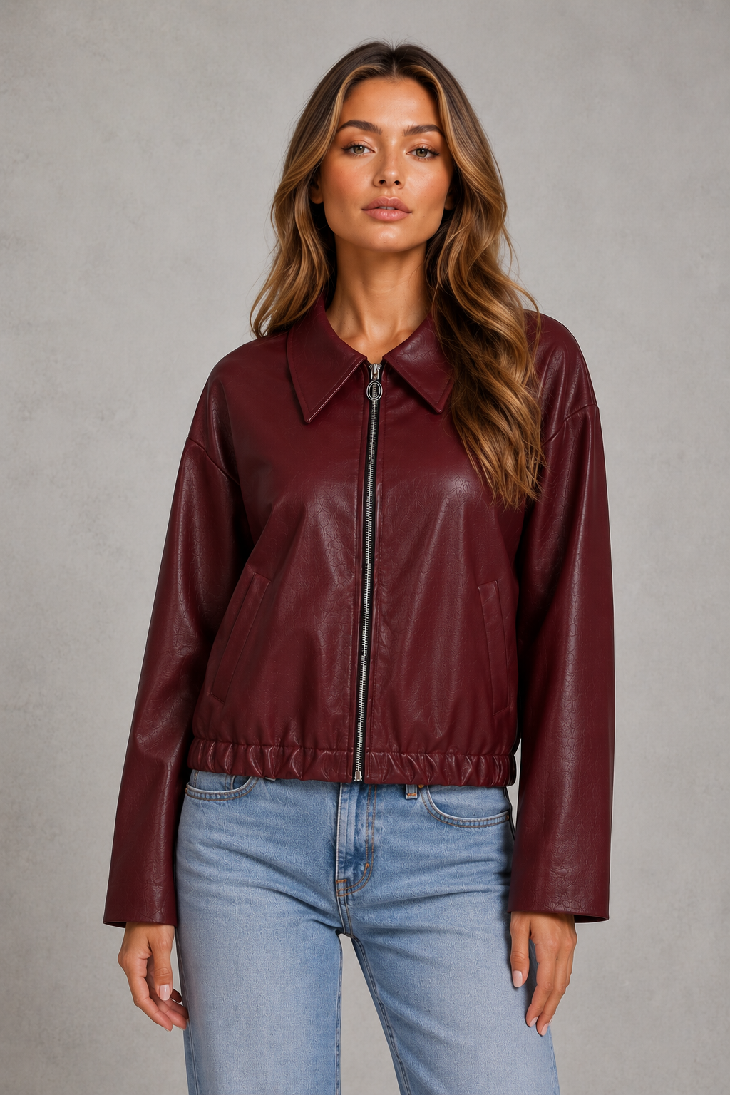 Women's Cropped Faux Leather Biker Jacket – Elasticated Hem, Oversized Collar