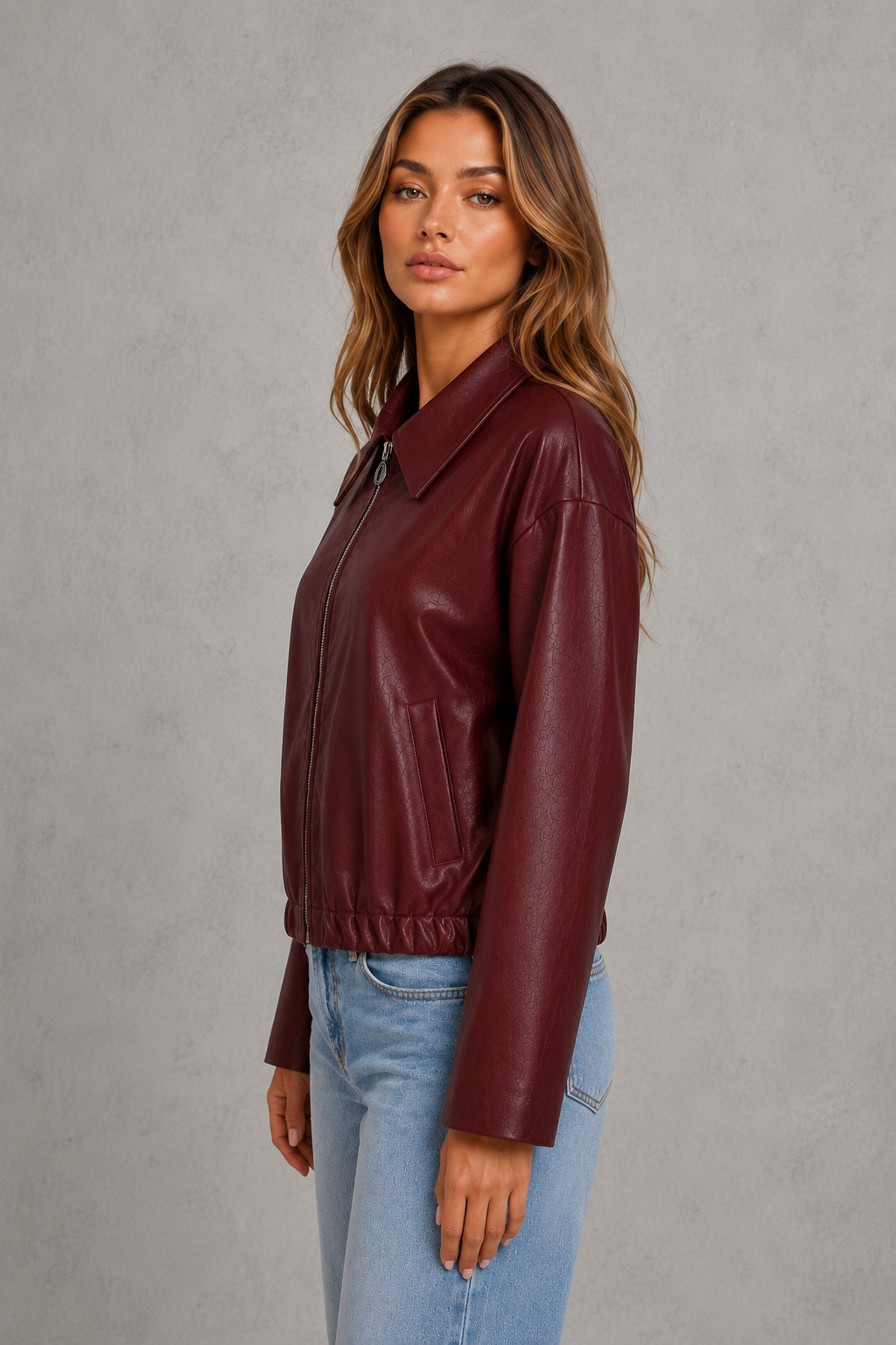 Women's Cropped Faux Leather Biker Jacket – Elasticated Hem, Oversized Collar