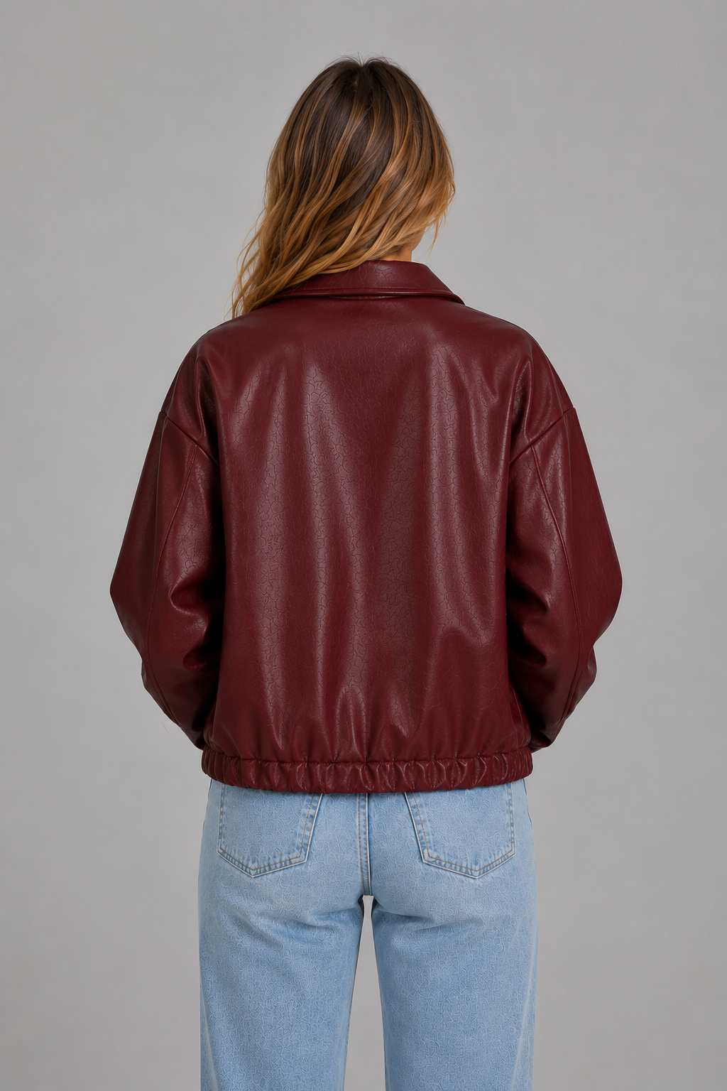 Women's Cropped Faux Leather Biker Jacket – Elasticated Hem, Oversized Collar