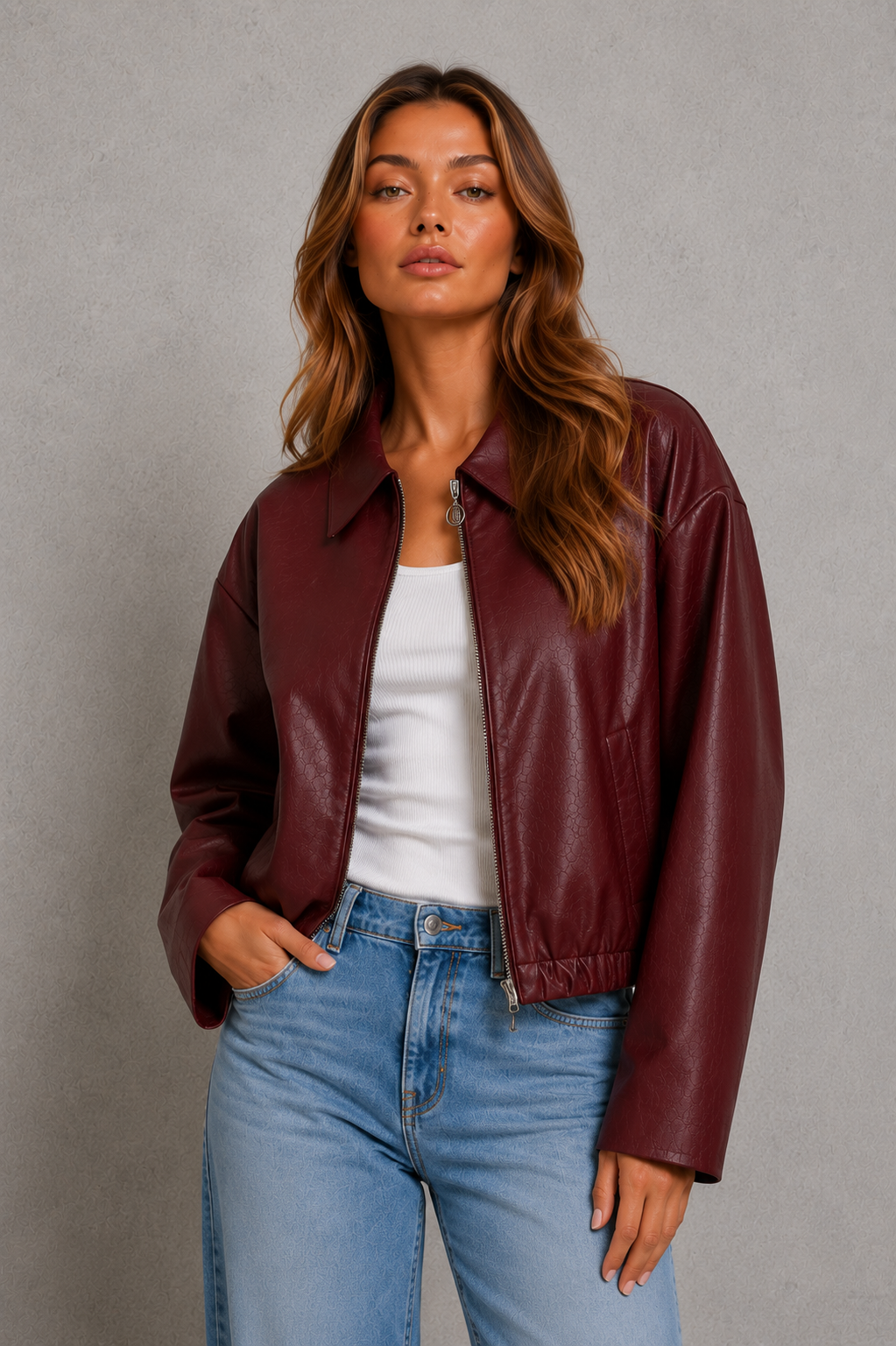Women's Cropped Faux Leather Biker Jacket – Elasticated Hem, Oversized Collar