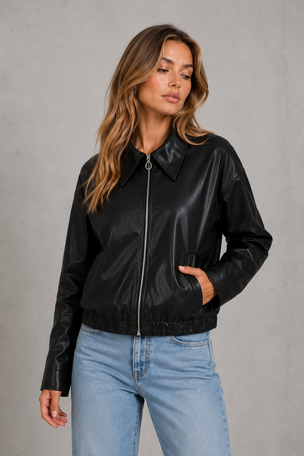 Women's Cropped Faux Leather Biker Jacket – Elasticated Hem, Oversized Collar