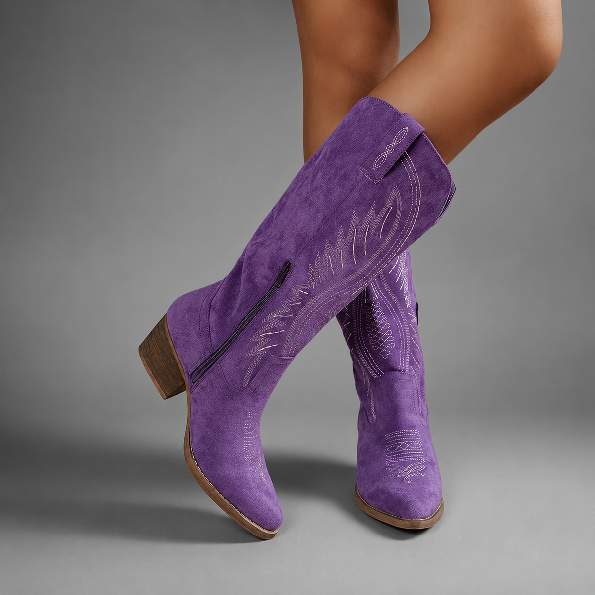 Women's Embroidered Cowboy Boots – Knee High, Suede Look