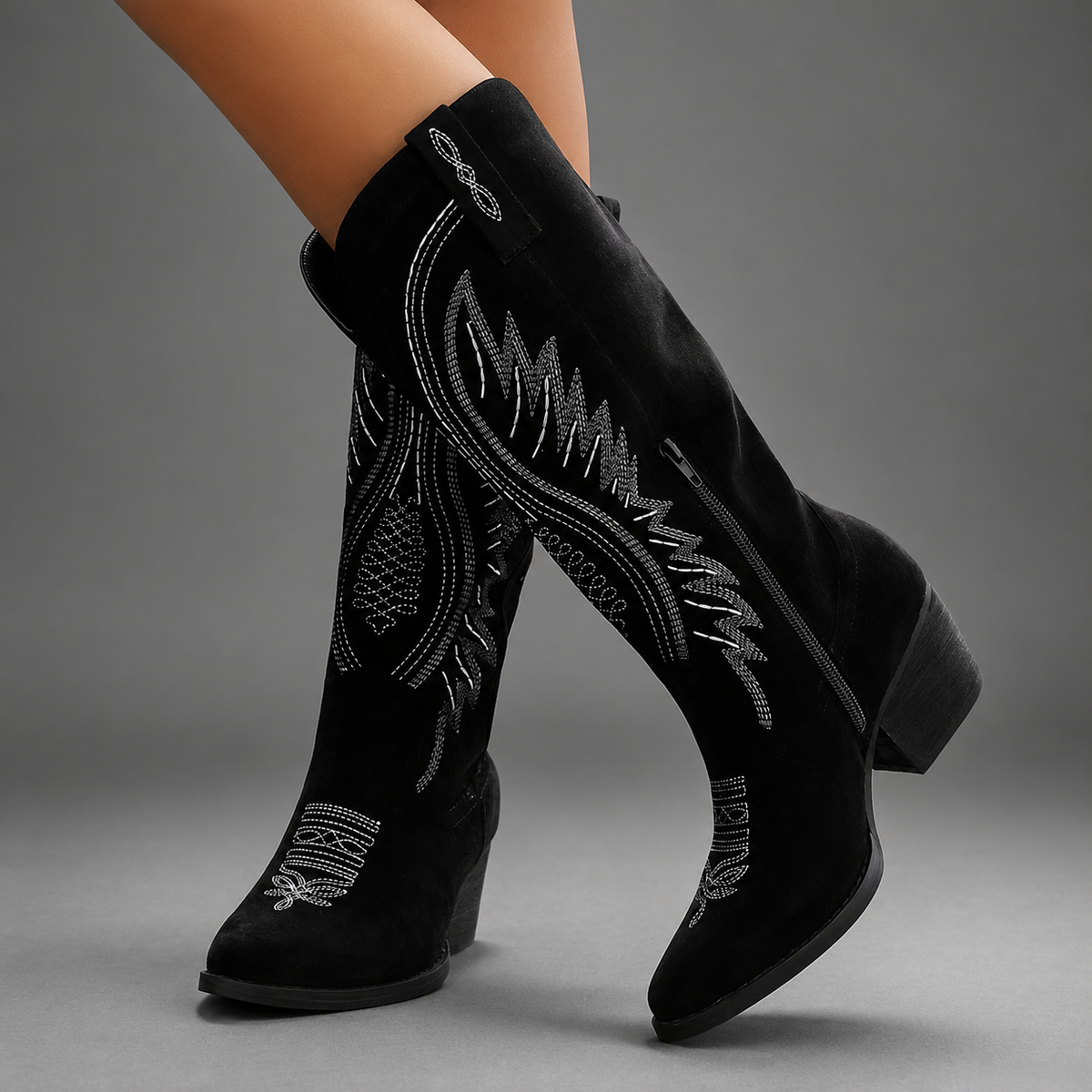 Women's Embroidered Cowboy Boots – Knee High, Suede Look