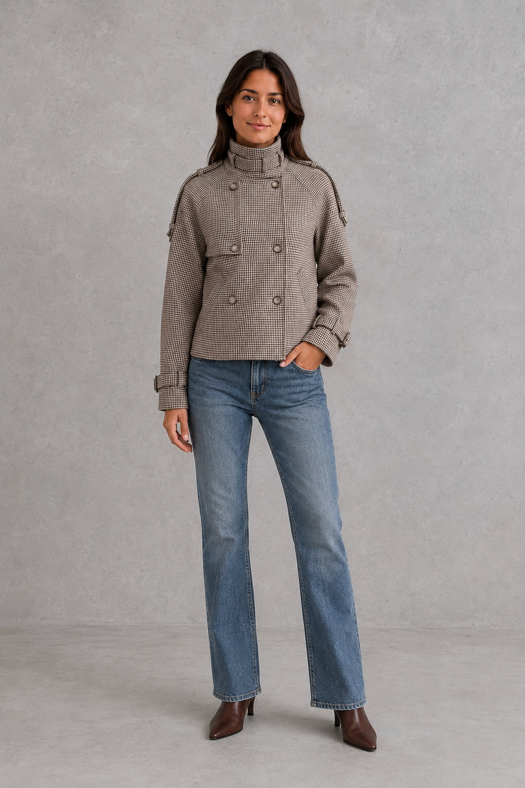 Women's Houndstooth Coat – High Neck, Button Front