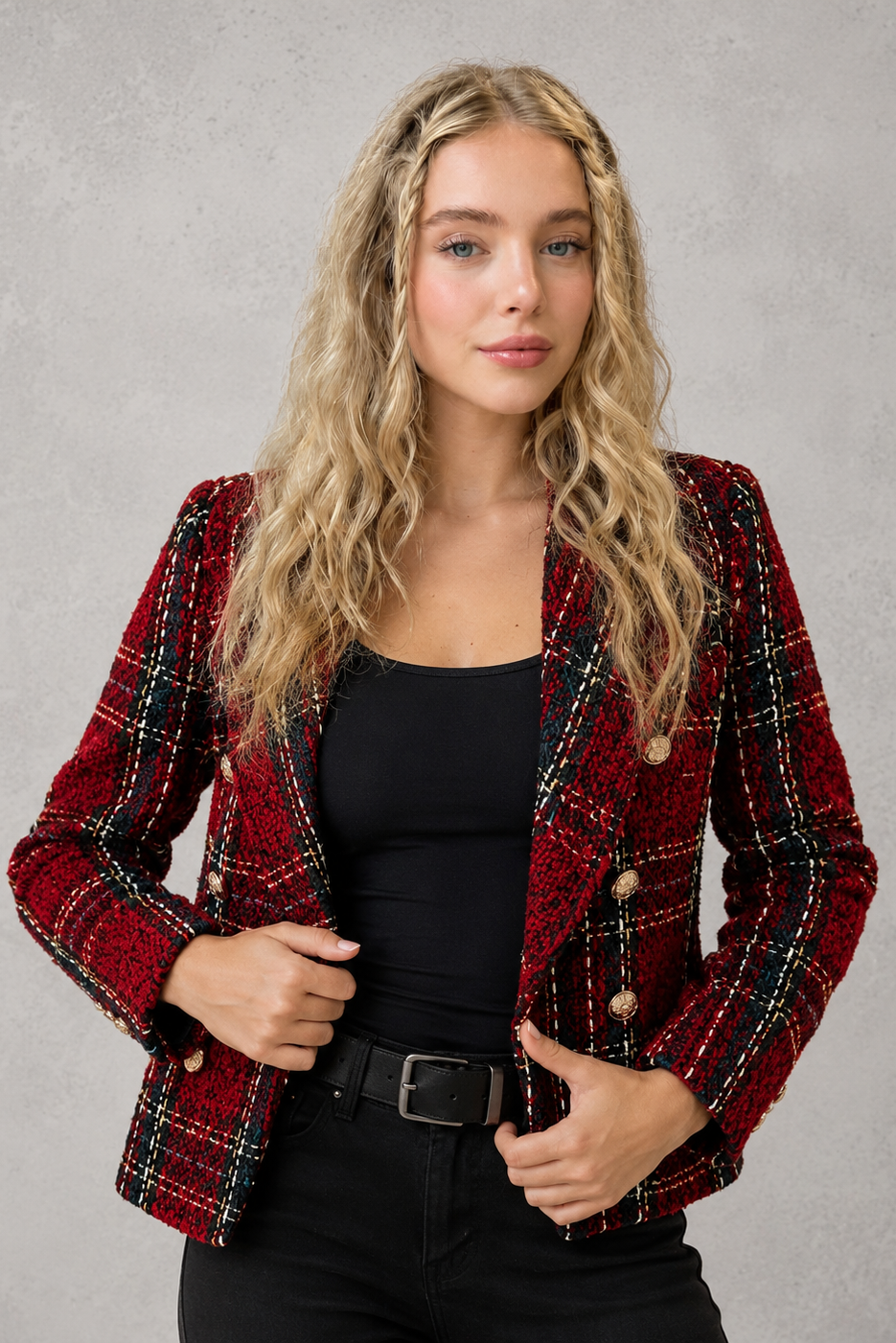 Women's Tweed Double Breasted Blazer – Check, Tailored Fit