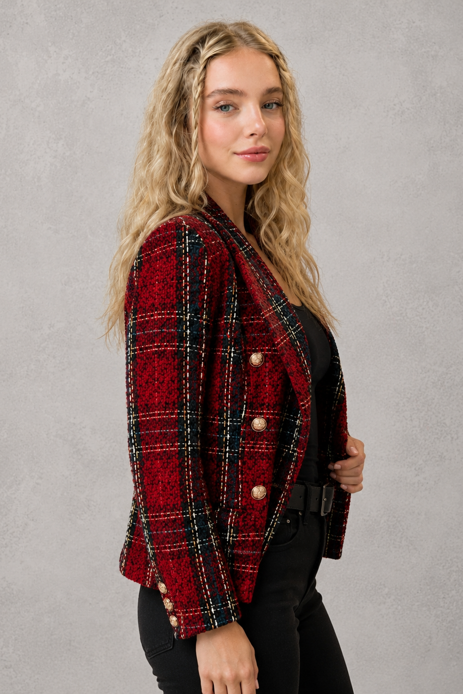 Women's Tweed Double Breasted Blazer – Check, Tailored Fit
