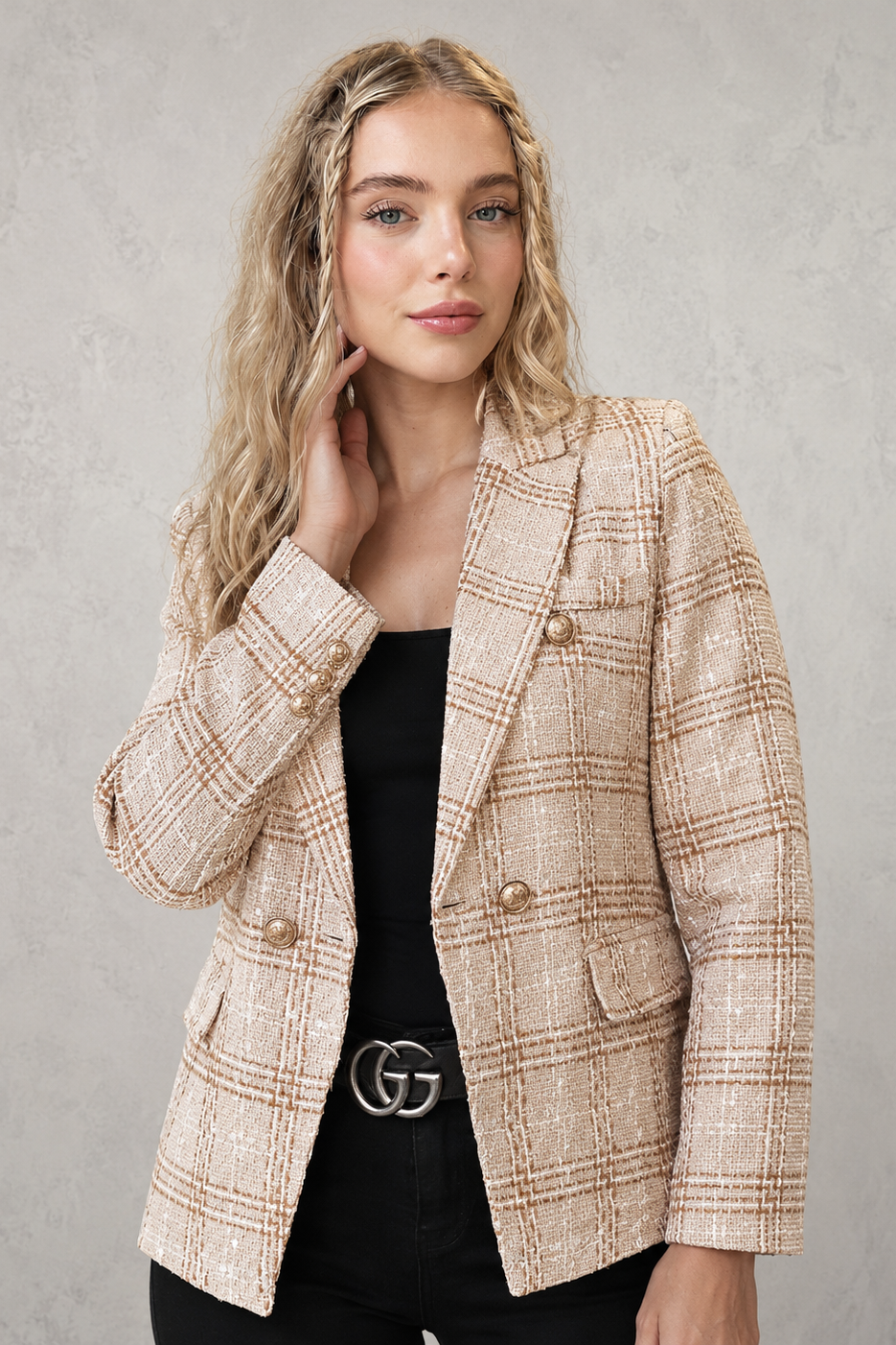 Women's Tweed Double Breasted Blazer – Check, Tailored Fit