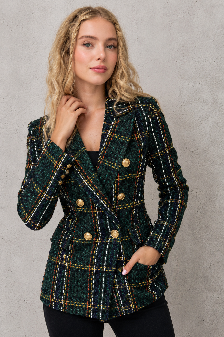 Women's Tweed Double Breasted Blazer – Check, Tailored Fit